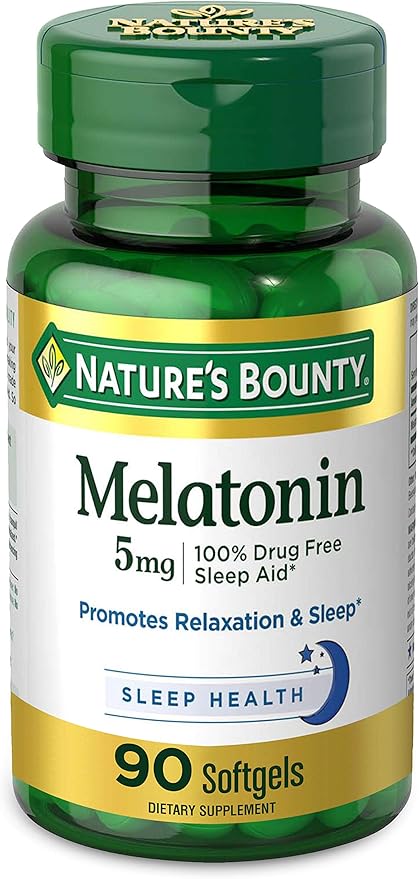 Nature's Bounty Melatonin, 100% Drug Free Sleep Aid, Dietary Supplement, Promotes Relaxation and Sleep Health, 5mg, 90 Softgels (Pack of 2)