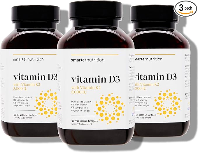 Smarter Nutrition Vegan Vitamin D3 5000 IU + Vitamin K2 1100 mcg with Organic Coconut & Olive Oil - D3 K2 Supplement for Immune Support & Bone Health in a Vegan Softgels - 180 Count [90 Day Supply]