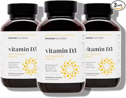 Smarter Nutrition Vegan Vitamin D3 5000 IU + Vitamin K2 1100 mcg with Organic Coconut & Olive Oil - D3 K2 Supplement for Immune Support & Bone Health in a Vegan Softgels - 180 Count [90 Day Supply]