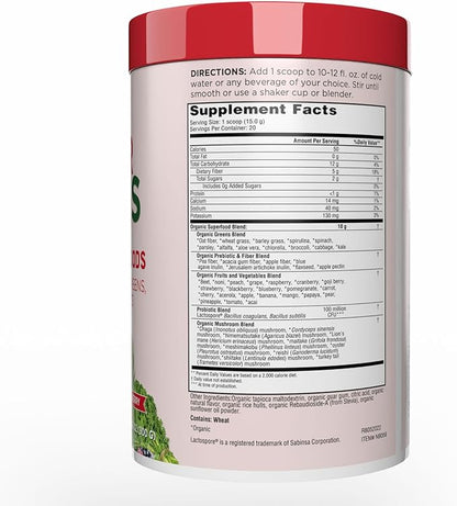 Country Farms Organic Super Greens Berry Flavor, 50 Organic Super Foods, Packed with Fiber, USDA Organic Drink Mix, Fruits, Vegetables, Mushrooms & Probiotics, Supports Energy, 5g Fiber