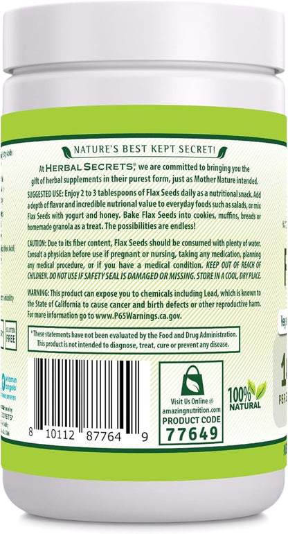 Herbal Secrets Organic Whole Flax Seeds Supplement | 454 G | 14 G Per Serving | Raw Vegan | Non-GMO | Gluten-Free | Made in USA