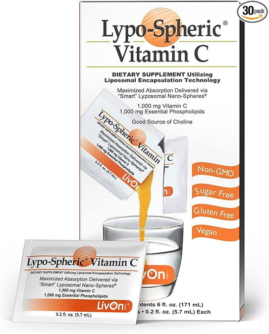 LivOn Laboratories Lypo–Spheric Liposomal Vitamin C 1000mg - No Sugar, Immune Support, Plant Based - Easy to Swallow, Absorbable, Individual Packets - Non–GMO, Gluten Free(0.2floz30 Packets)