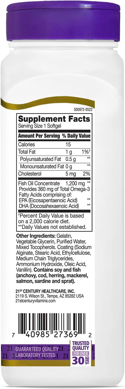 21st Century Fish Oil 1200 mg Enteric Coated Softgels, 90 Count