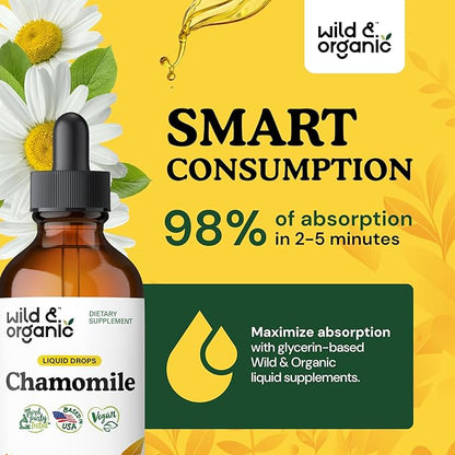 Wild & Organic Chamomile Flowers Tincture - Calming Supplement for Relaxation - Chamomile Extract Liquid Drops - Vegan, Sugar & Alcohol-Free - 4 fl oz