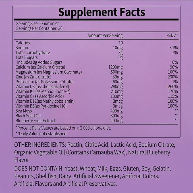 Calcium Magnesium Zinc Supplement Gummies Sugar Free for Women and Men Calcium Gummies Supplement Bone & Immune Support Made in USA 60 Counts Blueberry Flavor