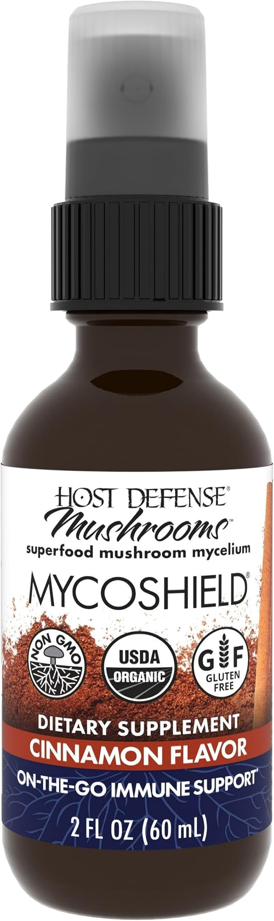 Host Defense MycoShield Throat Spray - Immune Health Support - Dietary Mushroom Supplement with Chaga, Reishi, Turkey Tail & More - On-The-Go Immune Support - Cinnamon Flavor, 2 fl oz (142 Servings)*