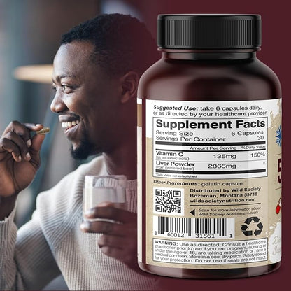 WILD SOCIETY - USA Grass Fed Beef Liver Capsules - 3000mg Max Strength for Energy, Stamina, Natural Detox, Hair & Nail - Non GMO, Allergen Free, Beef Liver Supplement - 180 Desiccated Capsules