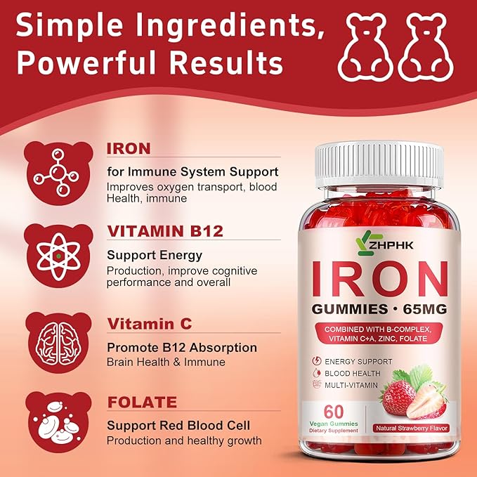 Iron Supplement Gummies, 65mg Iron and 250mg Vitamin C for Women Men Kids, Natural Vegan Iron Gummy with Vitamin A, B-Complex, Biotin, Zinc & Folate Energy Support & Immune Health, 60 Gummies
