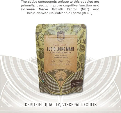 Hamilton’s Lucid Lion’s Mane | Organic Mushroom Extract Powder for Synapse Repair, Nerve Growth Factor, Focus, Memory, and Concentration | High Potency | 30% Beta Glucans | GF, Non-GMO, Vegan (500g)