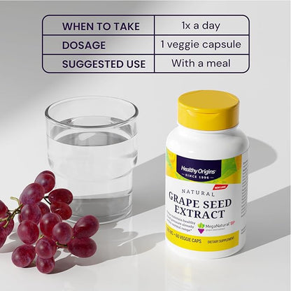Healthy Origins Grape Seed Extract 300 mg (MegaNatural BP, Non-GMO, California-Grown, Gluten Free, Supports Healthy Blood Pressure), 60 Veggie Caps