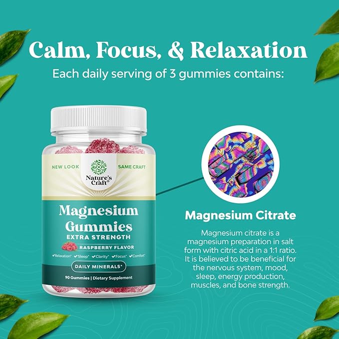 Extra Strength Calm Magnesium Gummies for Adults - Relaxing Magnesium Citrate Gummies with Elemental Mag - Sleep Aid Soft Chews Raspberry Flavored - Body & Mind Relaxation - 90 Count