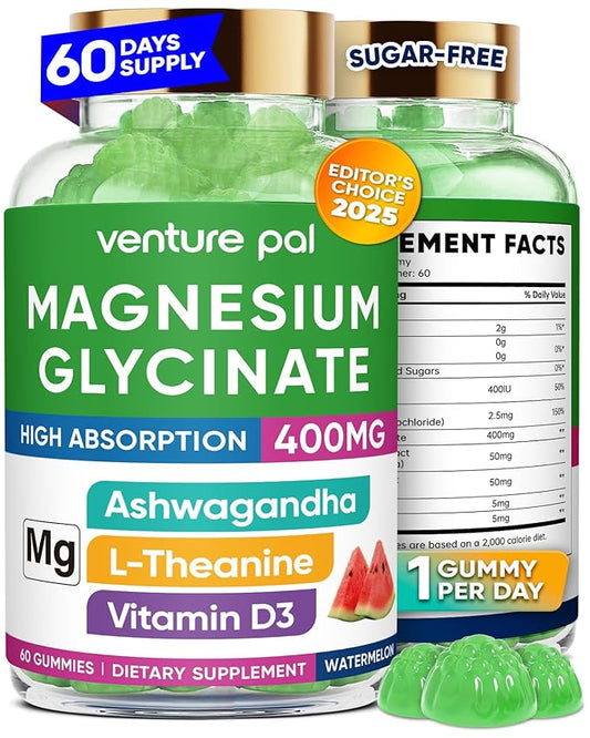 Venture Pal 60 Day Supply Magnesium Glycinate Gummies with Ashwagandha for Adults and Kids, L-Theanine, CoQ10, Sugar Free Magnesium Supplement 400mg for Calm Mood & Sleep, Gluten-Free & Vegan