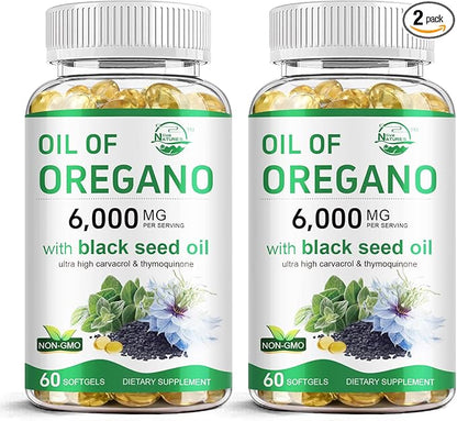 Nature's live Oil of Oregano with Black Seed Oil, 2 in 1 Oregano Supplement for Immune Health, Retains High Concentrated Carvacrol & Thymoquinone, Non-GMO, 60 Softgels, 2 Pack