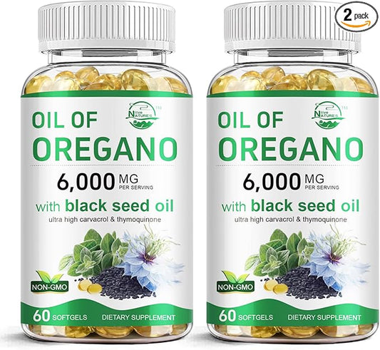 Nature's live Oil of Oregano with Black Seed Oil, 2 in 1 Oregano Supplement for Immune Health, Retains High Concentrated Carvacrol & Thymoquinone, Non-GMO, 60 Softgels, 2 Pack