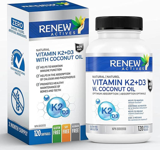 Renew Actives D3 K2 Supplement with Coconut Oil 1000 IU per Serving- Promotes Immune Function, Bone Health & Teeth, Enhances Calcium Absorption for Optimal Wellness - Made in Canada - 120 Softgels