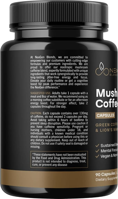 100% Organic Mushroom Coffee Capsules - Natural Energy Supplement with 130mg Caffeine from Clinically Proven Patented Green Coffee Bean & Guayusa Extracts for Jitter-Free Energy & Focus (90 Servings)