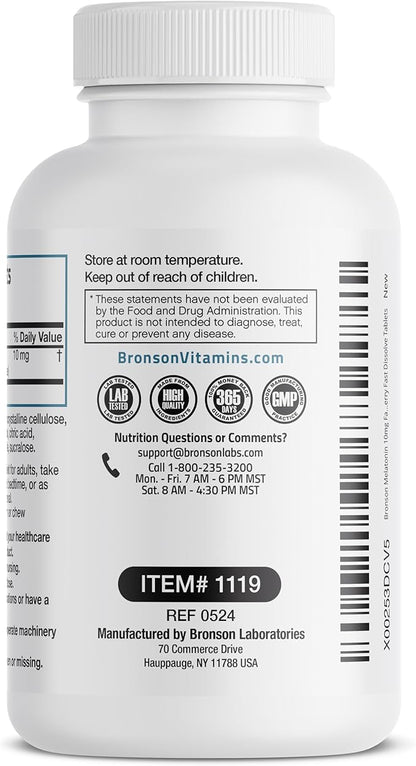 Bronson Melatonin 10mg Fast Dissolve Cherry Flavored Tablets Vegetarian Chewable Lozenges, 100 Count