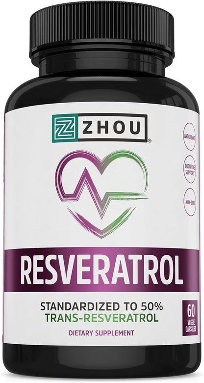 Zhou Resveratrol Supplement | Healthy Aging, Immune System & Heart Health Support | Powerful Antioxidant Benefits | 30 Servings, 60 Veg Caps
