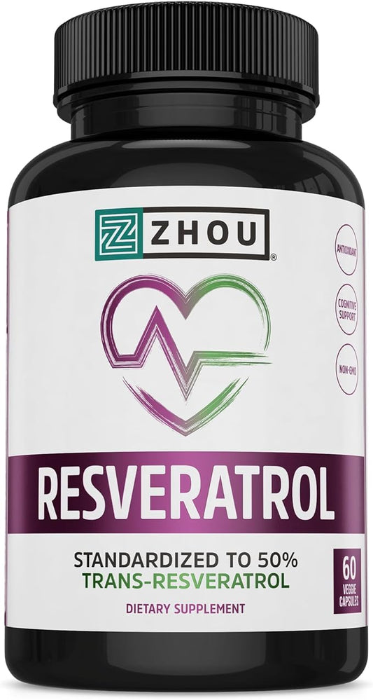 Zhou Resveratrol Supplement | Healthy Aging, Immune System & Heart Health Support | Powerful Antioxidant Benefits | 30 Servings, 60 Veg Caps