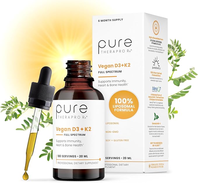 Pure TheraPro Rx Vegan D3 + K2 Organic 100% Liposomal 20ml Made in USA | 6 Month Supply | Maximum Absorption Vitamin D3 and Vitamin K2 Supplements for Men and Women, D3 Vitamin 5000 IU