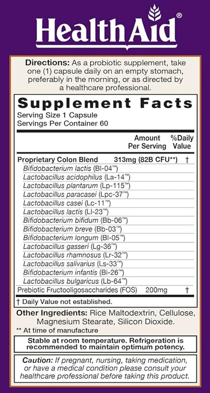 ColonProbio 82 Billion with Prebiotic, 14 Strains, Once Daily, 60ct, Optimum Colon Care, Acid & Bile Resistant, Dairy Free, Gluten Free, Non-GMO, High Bifido