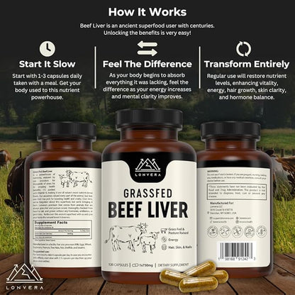 Grass Fed Beef Liver Capsules | Dessicated Liver Supplement | Freeze Dried Liver Pills | 30 Servings | 3000 mg | 120 Count