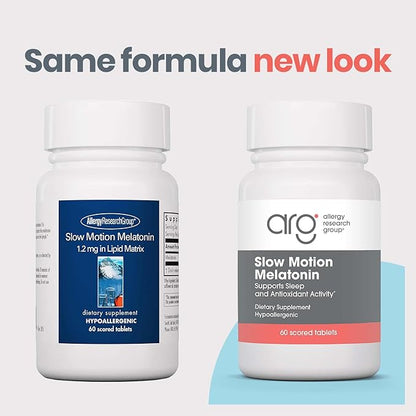 Allergy Research Group Slow Motion Melatonin - Sleep Aid, Low Dose, Lipid Matrix, 1mg Supplement, Pure, Hypoallergenic, Scored Tablets - 60 Count