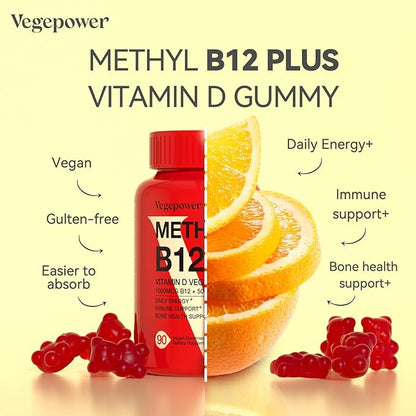 Vegan Vitamin D3 & B12 Gummies, Methyl B12 Supplement for Adults & Kids, Enhanced with Vitamin D 3 for Natural Energy, Immune, Metabolism & Focus, Orange, 90 Gummies
