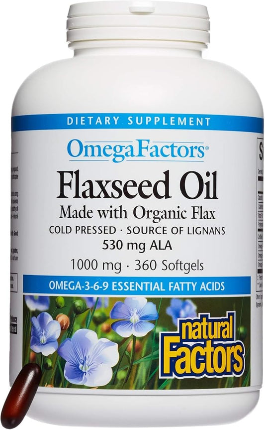 Omega Factors by Natural Factors, Flaxseed Oil, Supports Overall Health with Omega-3, 6 and 9 Fatty Acids, 360 softgels (360 servings)
