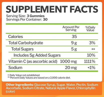 Vitamin C Gummies 1000mg for Adults & Kids - Maximum Strength Chewable Immune Support, Collagen Support - Sour Green Apple Flavor - Gluten Free, Non-GMO, Vegetarian - 90 Gummies (30 Servings)