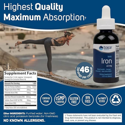 Trace Minerals Ionic Iron, 22mg - Energy Support Supplement with Magnesium & Iron - Aid Brain Health & Immune System Function - Gluten-Free Liquid Supplement - 1.9 fl oz (2 Pack) (92 Servings)