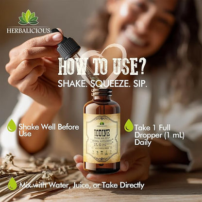 Iodine Drops – Natural Iodine Liquid from Sea Kelp – Thyroid Supplement for Energy, Digestion & Immune Support – Organic Non-GMO Formula – 2 fl oz