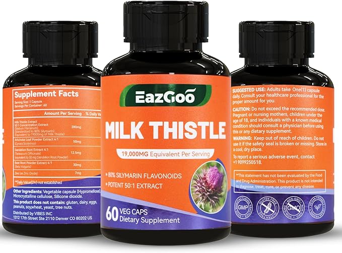 Milk Thistle Capsules 19000mg Equivalent, 50X Concentrated Seed Extract & 80% Silymarin Standardized, Liver Support Supplement, Vegan, Non-GMO, 60 Capsules