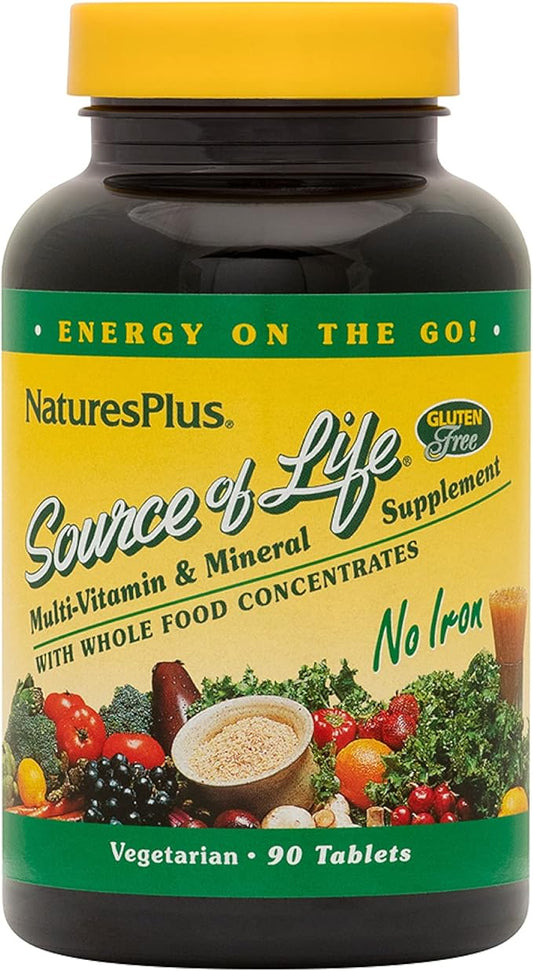 Natures Plus Source of Life No Iron Tablets - 90 Vegetarian Tablets - Whole Food Multivitamin & Mineral Supplement, Energy & Immunity Booster- Gluten-Free - 30 Servings