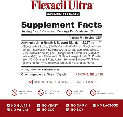 Joint Health & Support Supplement with Glucosamine, Chondroitin, Hyaluronic Acid & MSM, 60 Capsules