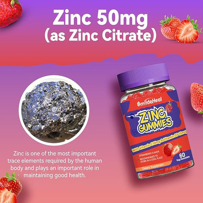 Zinc Gummies, Zinc 50mg, Zinc Citrate, with Vitamin C, Vitamin D3, Non-GMOs, Gluten Free, Strawberry Flavor Gummies, 60 Count