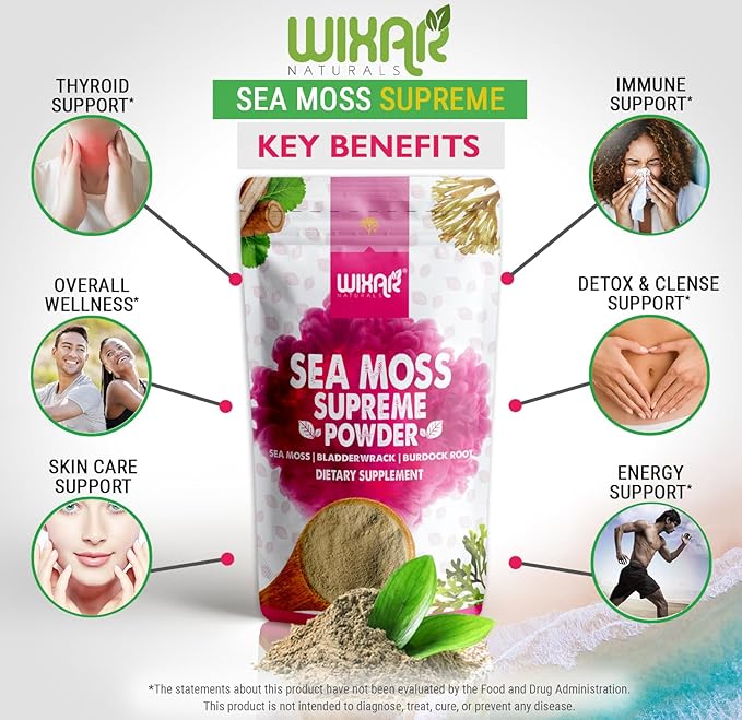 Wixar Wildcrafted Sea Moss Powder – (8 Ounces) – Natural Irish Sea Moss and Bladderwrack with Burdock Powder - Thyroid Support, Healthy Skin, Keto Detox, Joint Support Alkaline Supplements