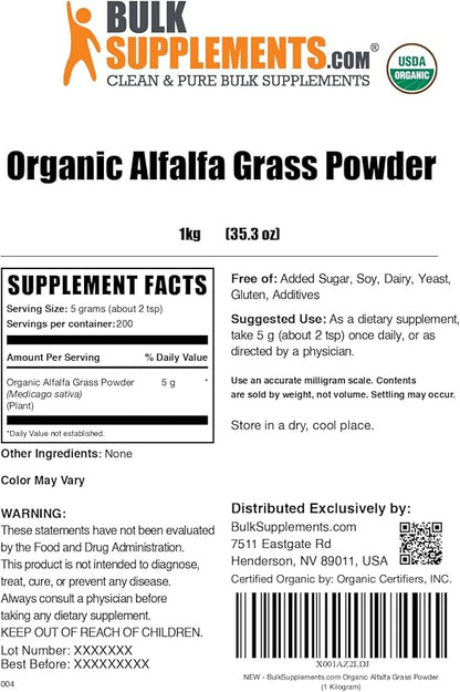 BulkSupplements.com Organic Alfalfa Grass Powder - Alfalfa Supplement, Green Superfood Powder, Alfalfa Powder Organic - Vegan & Gluten Free, 5g per Serving, 1kg (2.2 lbs) (Pack of 1)