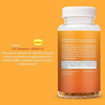 D3 Vitamin 10000 IU Softgels 250 MCG - Vitamin D Supplements for Women and Men with Immune Support & Bone Health, Non-GMO, Olive Oil, 90 Softgel Capsules