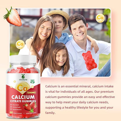 Calcium Citrate Gummies 1200mg, Chewable Calcium Supplements for Women & Men, Sugar Free Calcium Gummies for Bone, Muscle & Immune Support, Strawberry Flavor 60 Count