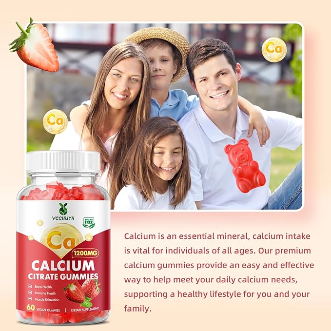 Calcium Citrate Gummies 1200mg, Chewable Calcium Supplements for Women & Men, Sugar Free Calcium Gummies for Bone, Muscle & Immune Support, Strawberry Flavor 120 Count