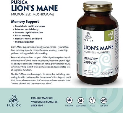 PURICA - Lion's Mane Micronized Mushrooms (120 Count (Pack of 1))