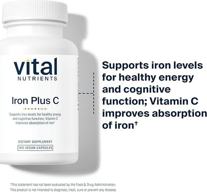 Vital Nutrients Iron Plus C | Vegan Iron Supplement | 20mg Iron with 200mg Vitamin C to Increase Iron and Energy Levels | Gluten, Dairy, Soy Free | Non-GMO | 100 Capsules