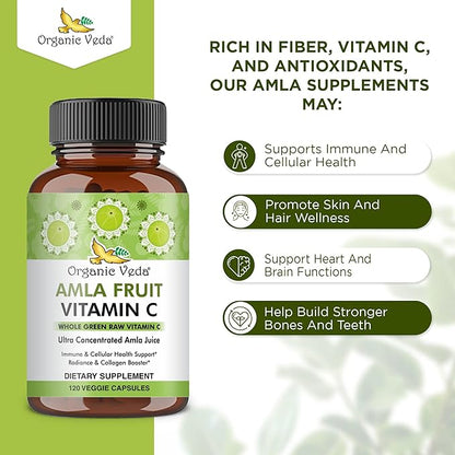 Organic Veda Amla Fruit Capsules, 20 X Concentrated Amla Berry Juice Extract Natural Vitamin C Supplement - Potent Antioxidants, Immunity, Skin Radiance - Vegan Vitamin C Amla Powder Capsule 120