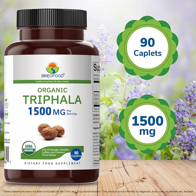 Brieofood Organic Triphala 1500mg, 45 Servings, Vegetarian, Gluten Free, 90 Vegetarian Tablets