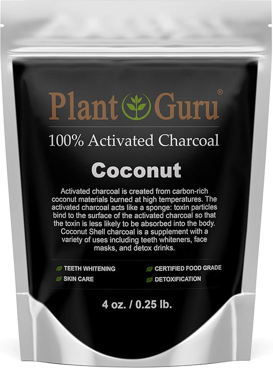 Plant Guru Activated Charcoal Powder 4 oz. COCONUT - Food Grade Kosher Non-GMO - Teeth Whitening, Facial Mask and Soap Making. Promotes Natural Detoxification and Helps Digestion