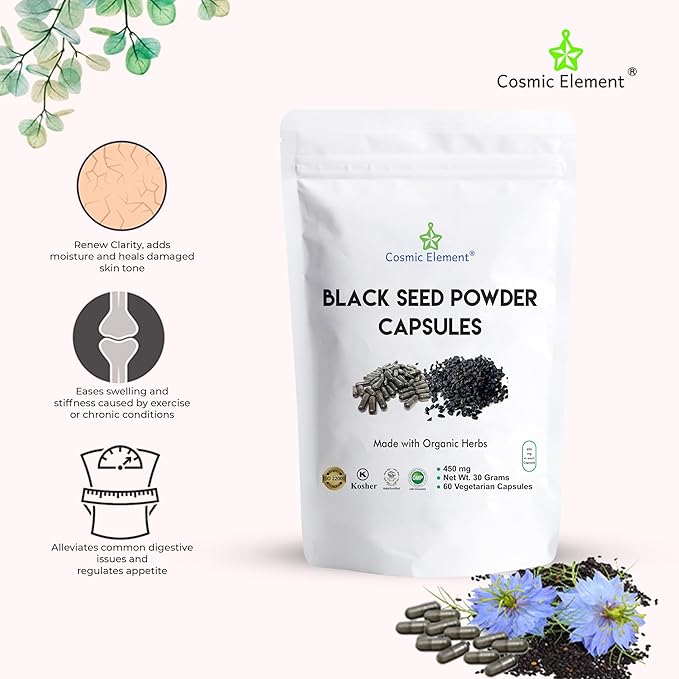 100% Pure Black Seed Powder Capsules Organic - Vegan Nigella Sativa 450mg Black Cumin Seeds per Serving- for Health - 60 Capsules
