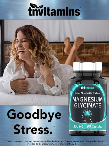 Magnesium Glycinate Capsules (300 MG Per Serving - 90 Count) | Pure Chelated Magnesium Bisglycinate Powder Supplement | Glicinato de Magnesio | for Sleep, Calm, Nerve, & Stress Support* | TNVitamins