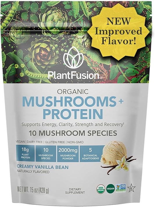 Plantfusion Mushroom Protein Powder - 3 in 1 Vegan Protein Powder, Mushroom Supplement, and Adaptogen Supplement - Support Mental Focus, Immunity, and Recovery - Vanilla 1lb