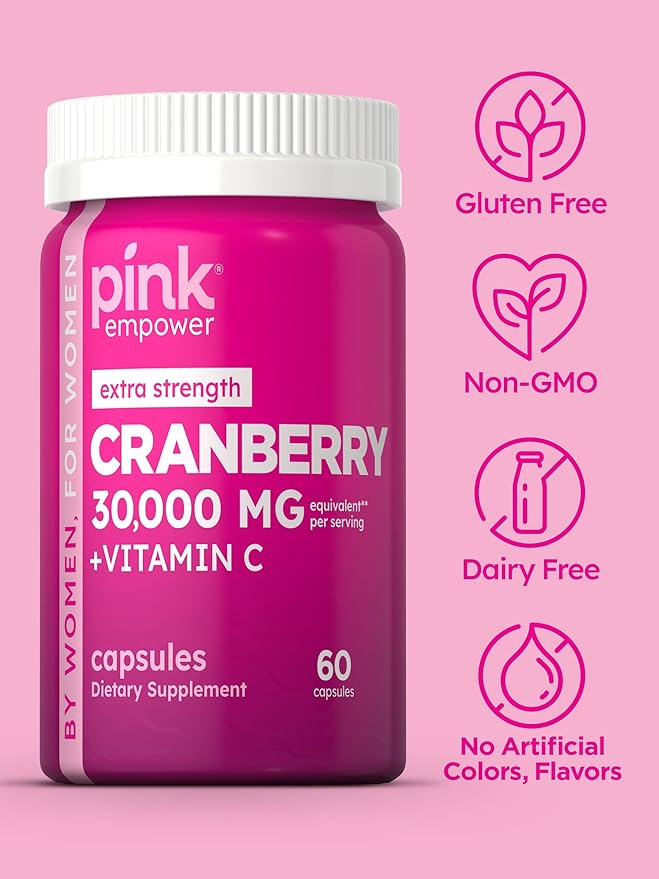 PINK Cranberry Pills for Women | 60 Capsules | Plus Vitamin C | Non-GMO & Gluten Free Extract Supplement | Supports Urinary Tract Health